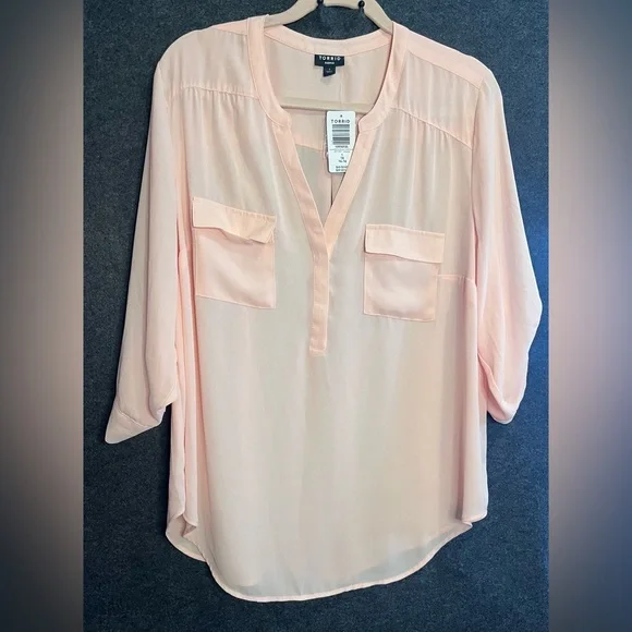NWT Torrid 1/1X Harper Georgette 3/4 Sleeve Blouse blush pink relaxed flowy fit - Picture 2 of 5